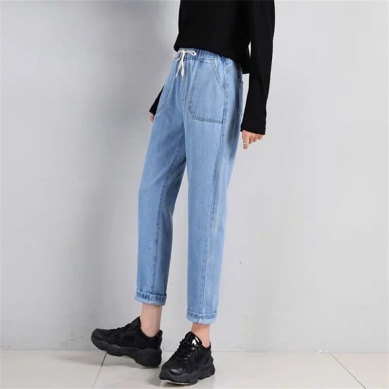 Calça jeans folgada casual vintage feminina, cintura alta, comprimento do tornozelo, jeans harém, calça coreana com renda para cima, calça reta, nova