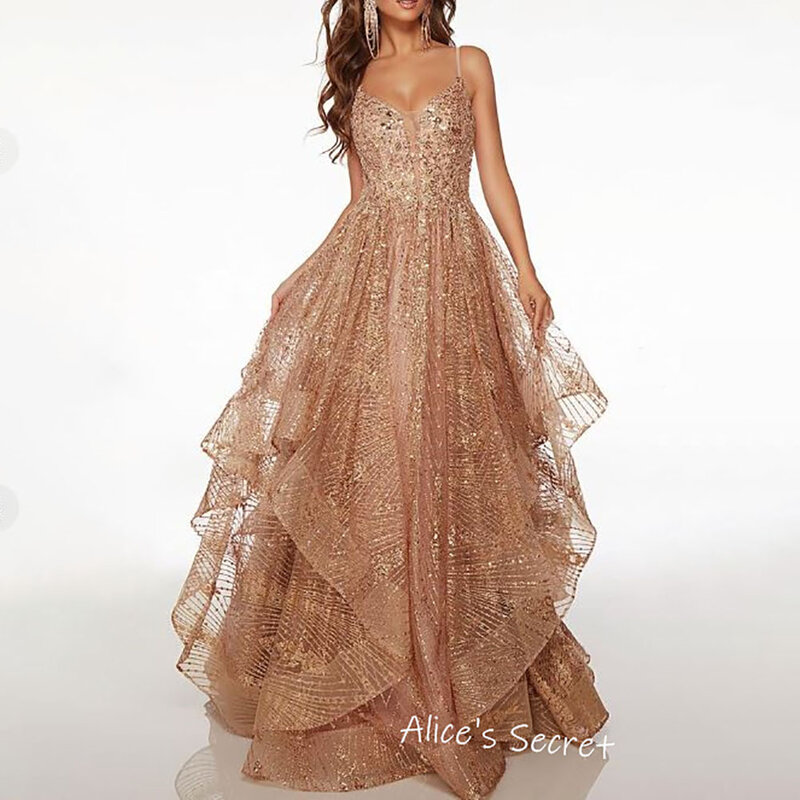 A-Line Tulle Spaghetti Straps Sleeveless V Neck Beading Sequined Lace Ruffle Floor-Length Prom Dress Evening