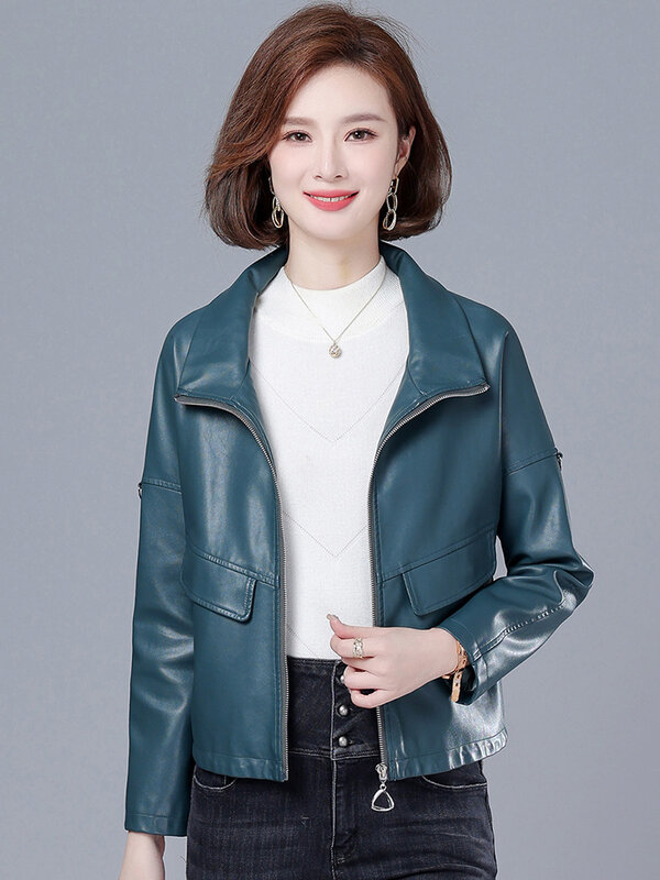 New Women Leather Jacket Spring Autumn Fashion Stand Collar Casual Loose Split Leather Outerwear Short Sheepskin Streetwear