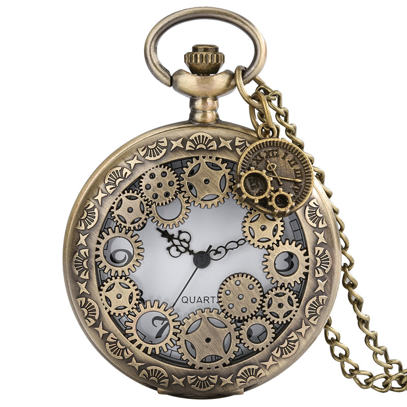 Hollow Gearwheel Quartz Analog Necklace Pocket Watch Men Women Arabic Numerals White Dial Vintage Chain Pendant Timepiece Gifts