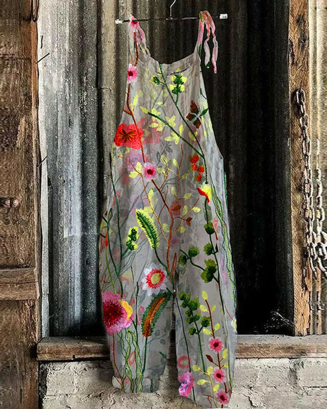 Женский Повседневный комбинезон с цветочным принтом, удобный дышащий Повседневный Свободный комбинезон в стиле ретро с завязками на лето