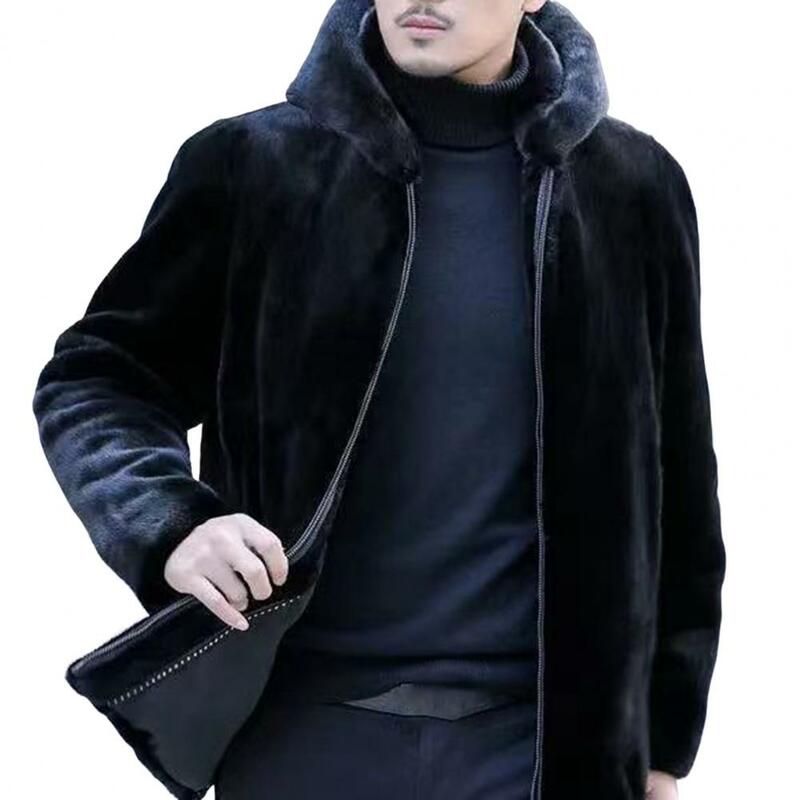 Męskie kurtka termiczna jednokolorowe długie rękawy luźna odzież ze sztucznego futra zagęszczają płaszcz z suwakiem odzież męską na zewnątrz