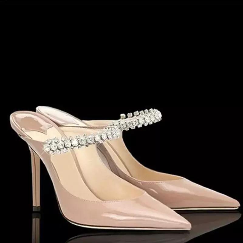 2024 European and American women's new high heels pointed patent leather rhinestone fashion slippers