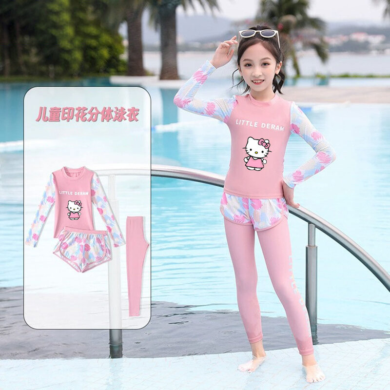 3 sztuki Anime Sanrioed Hello Kittys strój kąpielowy Kuromi Cinnamoroll dziewczęca z długimi rękawami długie spodnie strój kąpielowy dla dzieci strój kąpielowy prezent z filtrem przeciwsłonecznym