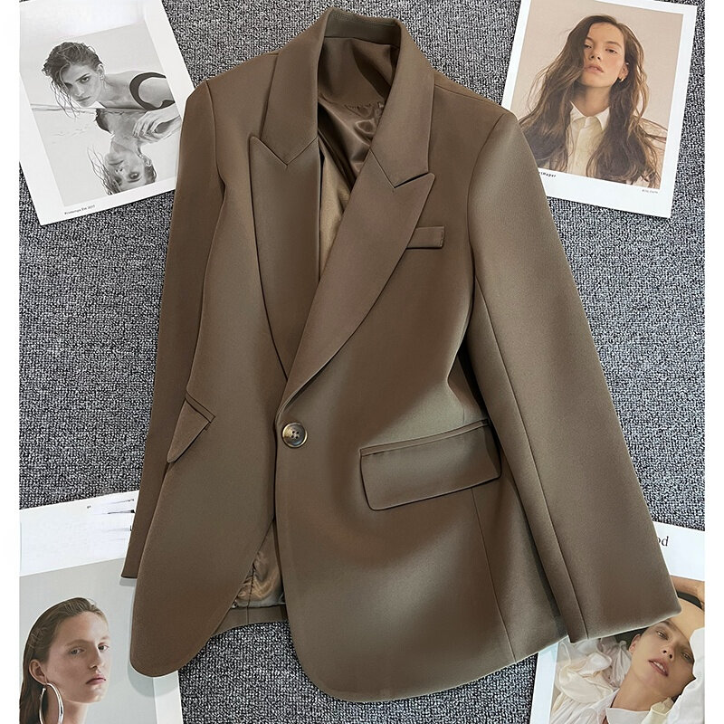 Coffee Women Blazers Summer New Design 2022 Turn-Down Collar Pocket Long-Sleeved Female Outwear Coats Top Quality