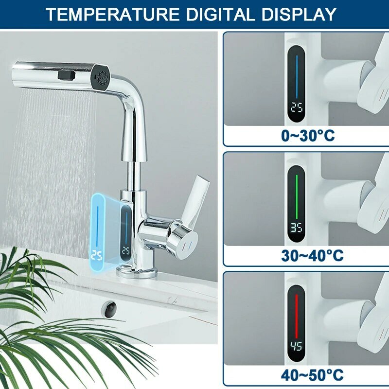 Temperature Digital Display Basin Faucet For Bathroom Pull Out Waterfall Stream 3 Way Sprayer Hot Cold Water Sink Mixer Wash Tap