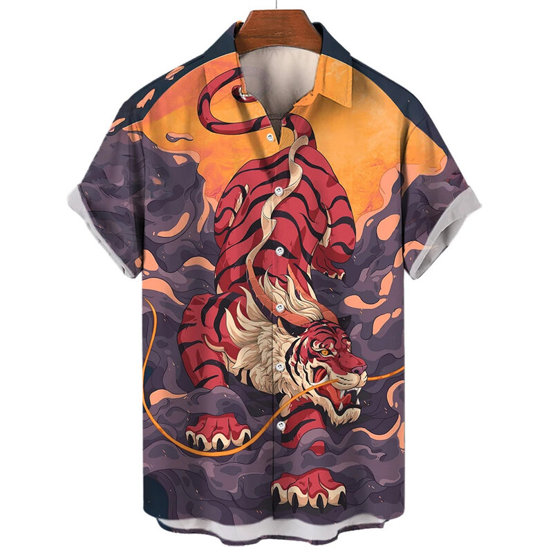 Hawaiiaans Heren Oversized Casual Shirt 3d Print Dragon En Tijger Luxe Streetwear Kleding Voor Revers Met Korte Mouwen Vintage