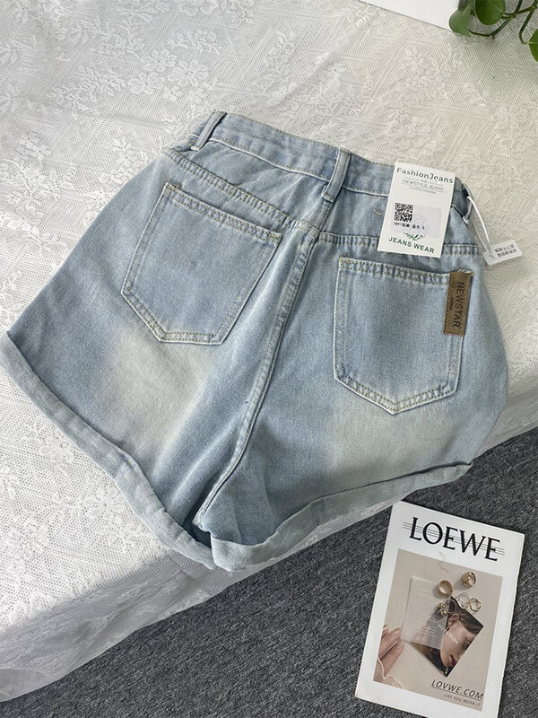 Shorts jeans de vaqueiro de cintura alta feminino, streetwear feminino, shorts largas Harajuku casual, calças curtas coreanas, moda verão, anos 2000, Y2k