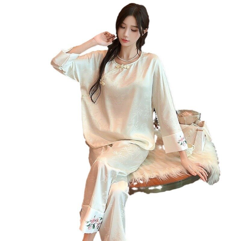 Nowa wiosenna i jesienna piżama w stylu chińskim z klamrą, damski starożytny zestaw żakardowy, odzież domowa z lodowego jedwabiu może być noszona na zewnątrz Xl