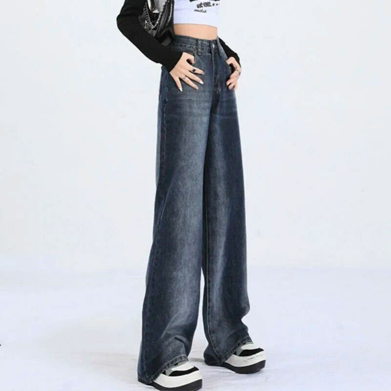 Jeans azul de perna larga de cintura alta para mulheres, cor gradiente Y2K, calças chiques, streetwear, outono, 2023