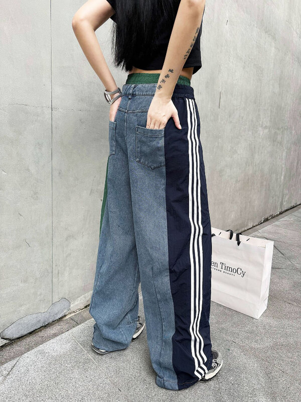 2024 Street Spicy Girl Jeans a vita alta da donna nuovo elastico a contrasto di colore allentato Slim American Retro Denim pantaloni a gamba larga