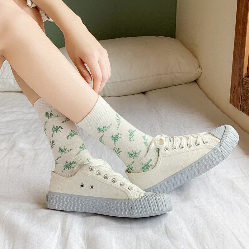 Quente abacate verde das mulheres meias de algodão do vintage impressão treliça matcha cor respirável bonito japonês casual meninas curto meias