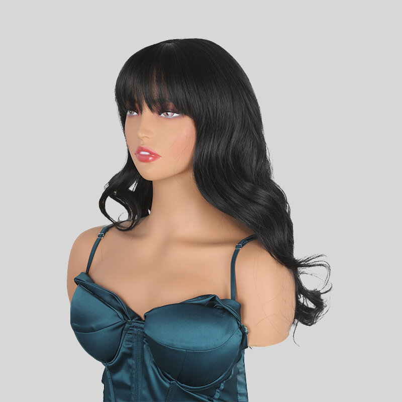 SNQP 57cm czarne faliste loki długie peruka z grzywką nowe stylowe włosy peruka dla kobiet codziennie na imprezę Cosplay żaroodporne naturalny wygląd