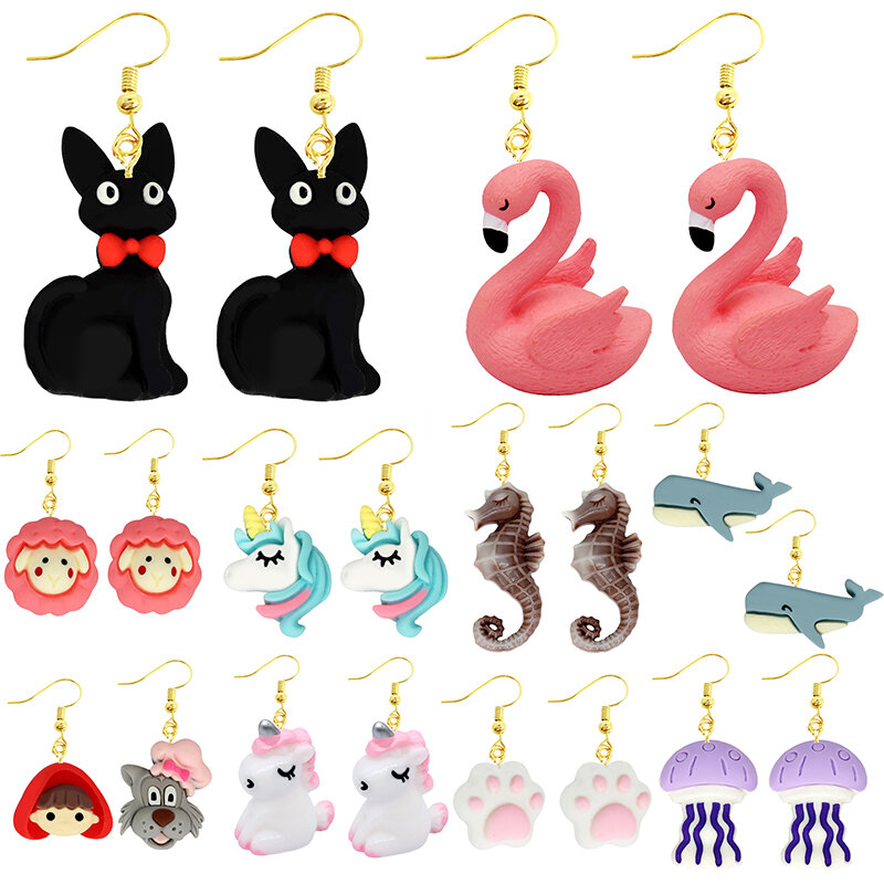 여성용 레진 드롭 귀걸이, 재미있는 맞춤형 귀걸이, 귀여운 소녀 선물, 어린이 동물 오리 토끼, 플라밍고 새, 해파리 고양이