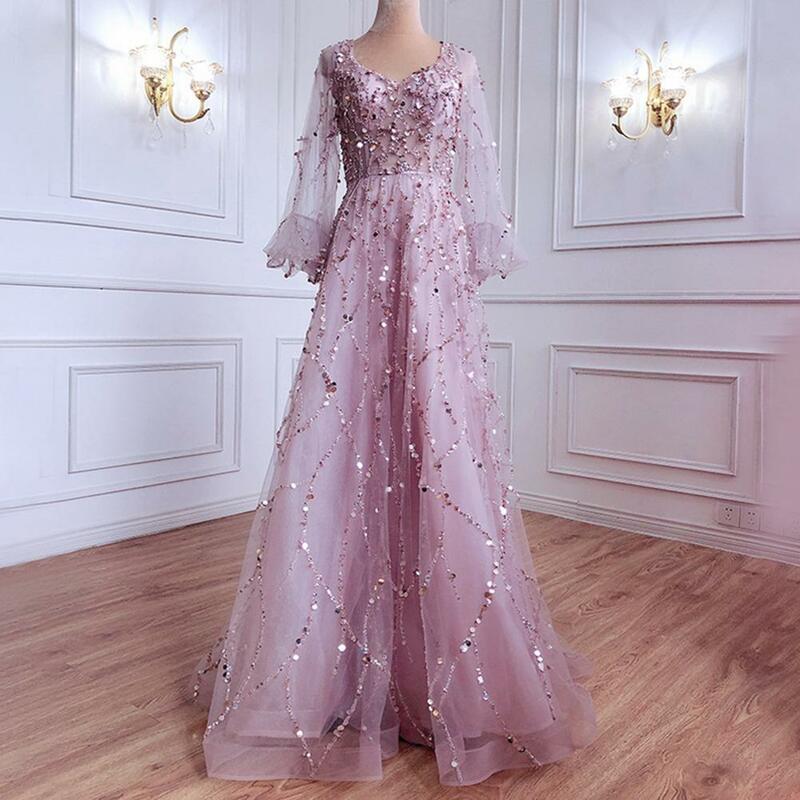Sexy Hip-hugging Dress Elegant V Neck Sequin Beaded Evening Dress with Lantern Sleeves Double-layered Mesh for Formal Prom Gown