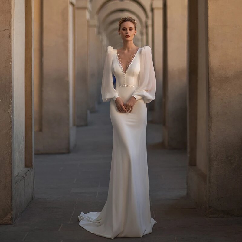 Gaun pernikahan glamor gaun pengantin punggung terbuka leher-v Gaun lengan Puff panjang untuk pesta Formal putri duyung Vestidos De Novia 2024