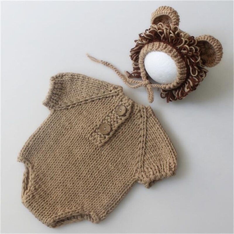 Baby Photo Costume Hat & Bodysuit Outfit Newborns Photo Props Photoshoot Jumpsuits Infant Skin-Friendly Lion Suit Romper