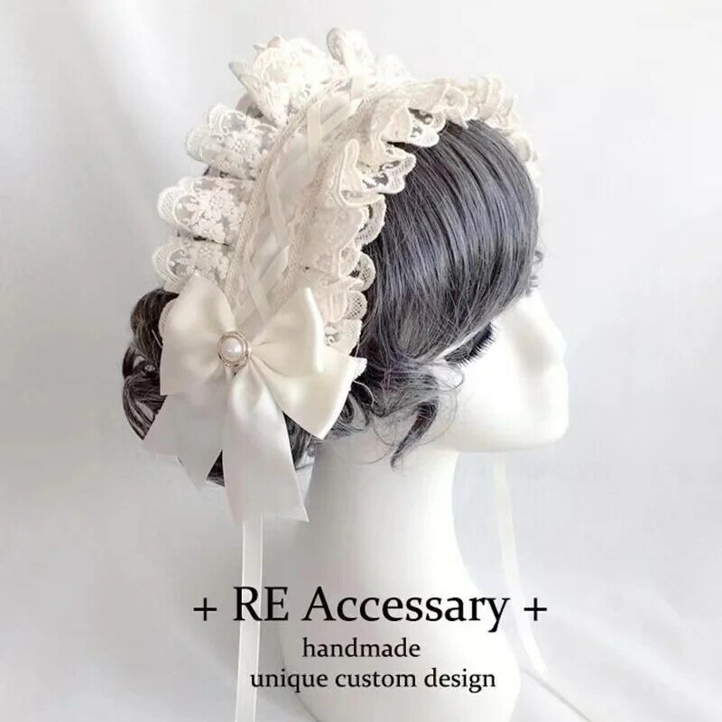 Ribbon Bow Hairband with Hairpins Girls Lolita Lace Ruffled Headband Sweet Star Embroidery Anime Maid Cosplay Headdress