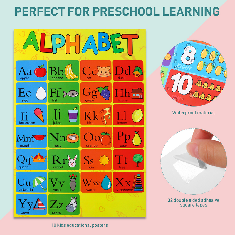 Affiches préscolaires alphabet pour enfants, graphiques pour les enfants d'âge alth, chambres d'irritation de la maternelle