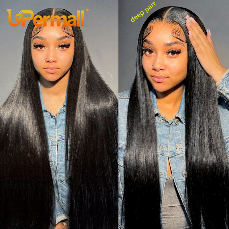 Upermall 13x6 Lace Frontal Straight Pre Plucked Swiss HD Transparent Full Front Only Natural Black 100% Remy Human Hair On Sale