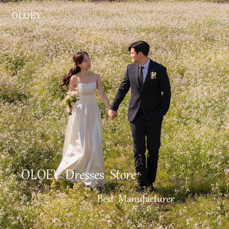 OLOEY Simple A Line Korea Wedding Dresses Spaghetti Straps Soft Satin Photo shoot Garden Bridal Gowns Formal Party Dress