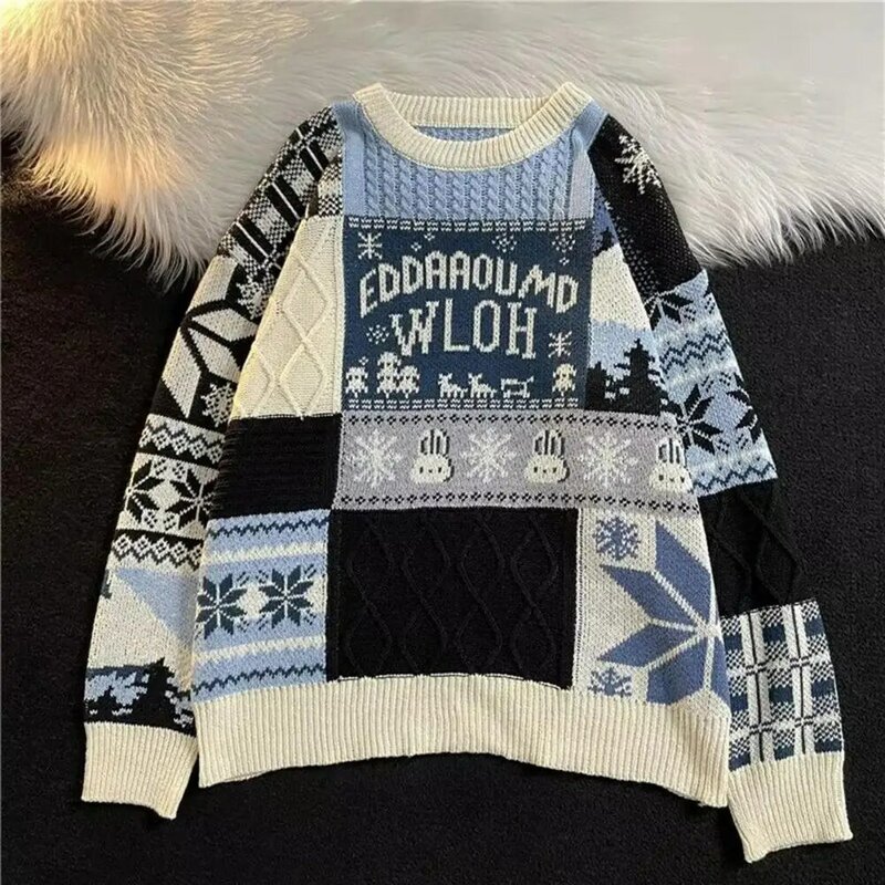 Sweater Retro lengan panjang, Sweater Pullover longgar cetakan salju, pakaian rajut lengan panjang ringan untuk pria, busana musim gugur musim dingin dengan panjang