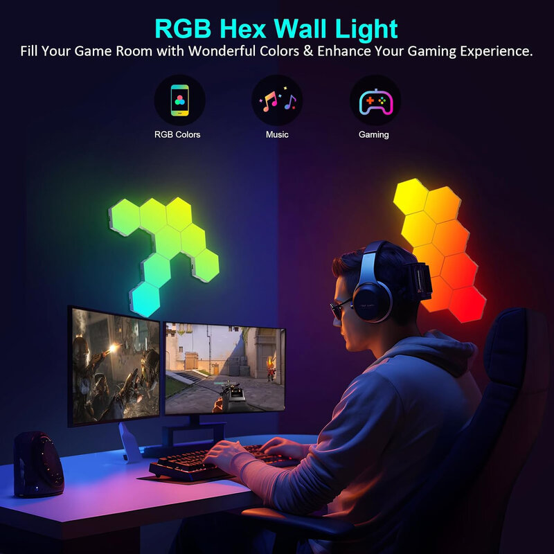 RGBW Intelligent Hexagonal Wall Lamp Color Changing Ambient Night Light Hexagonal Shape DIY Music Sync APP For Game Room Bedroom