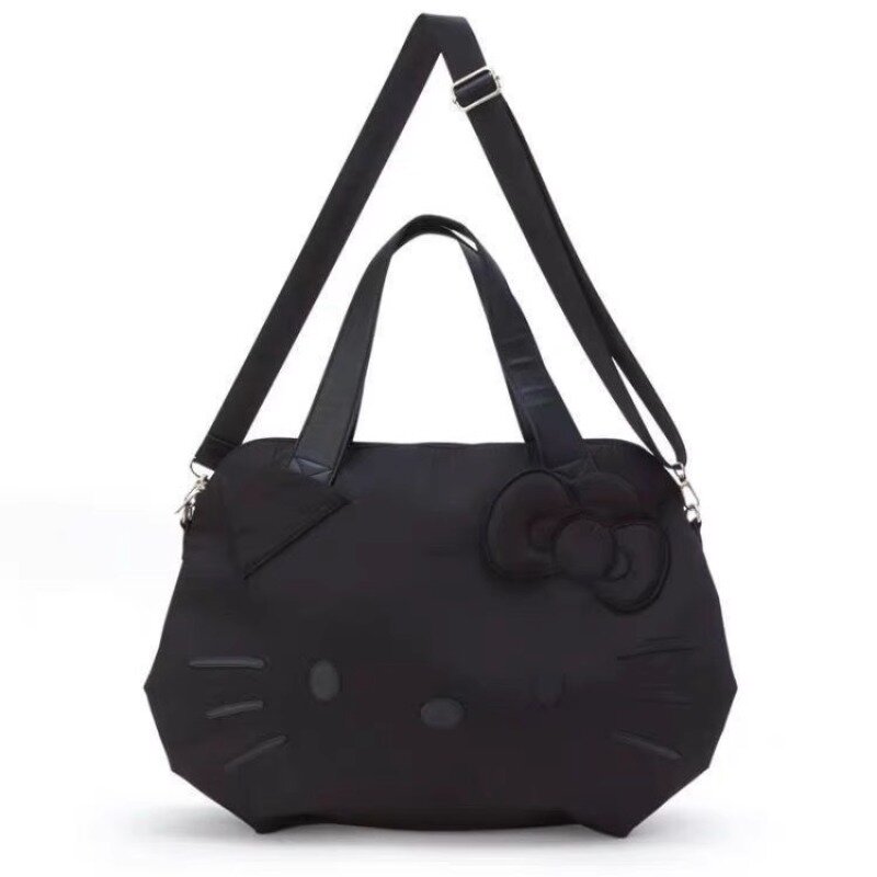 MBTI tas Tote hitam Hello Kitty wanita, tas bahu kasual kapasitas besar warna polos nilon, tas Tote imut untuk perjalanan wanita