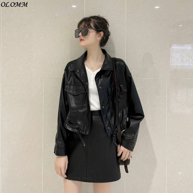 Spring Autumn New Coat Women's Leather Short Style Western Casual Gothic Black Jacket Versatile Coat Trend Jackets Pockets