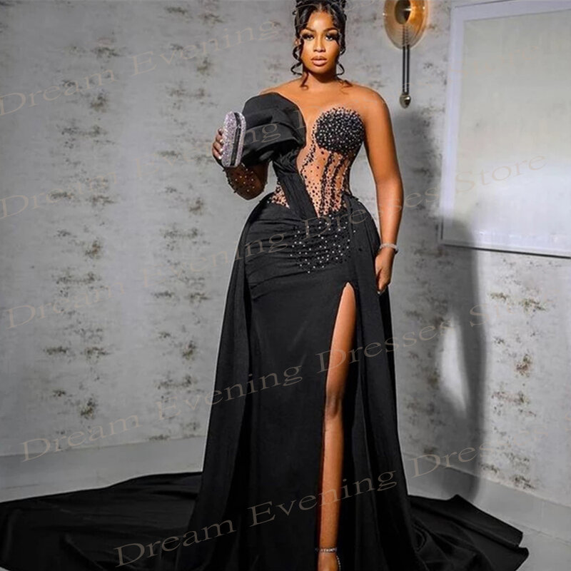 Luxury Classic Black Mermaid Charming Evening Dresses One Shoulder Satin Prom Gowns With Beading Sexy Side Split Robes De Soirée