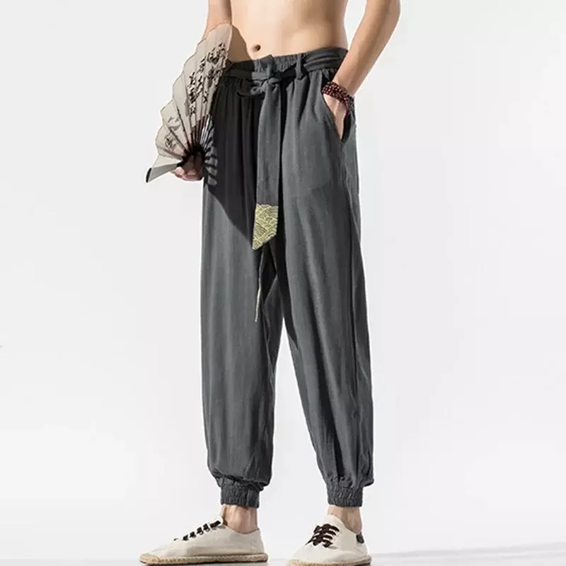 Men Casual Chinese Style Pants Loose Linen Japanese Trousers Summer Kung Fu Pantalon Elastic Waist Harem Pants Streetwear 11186