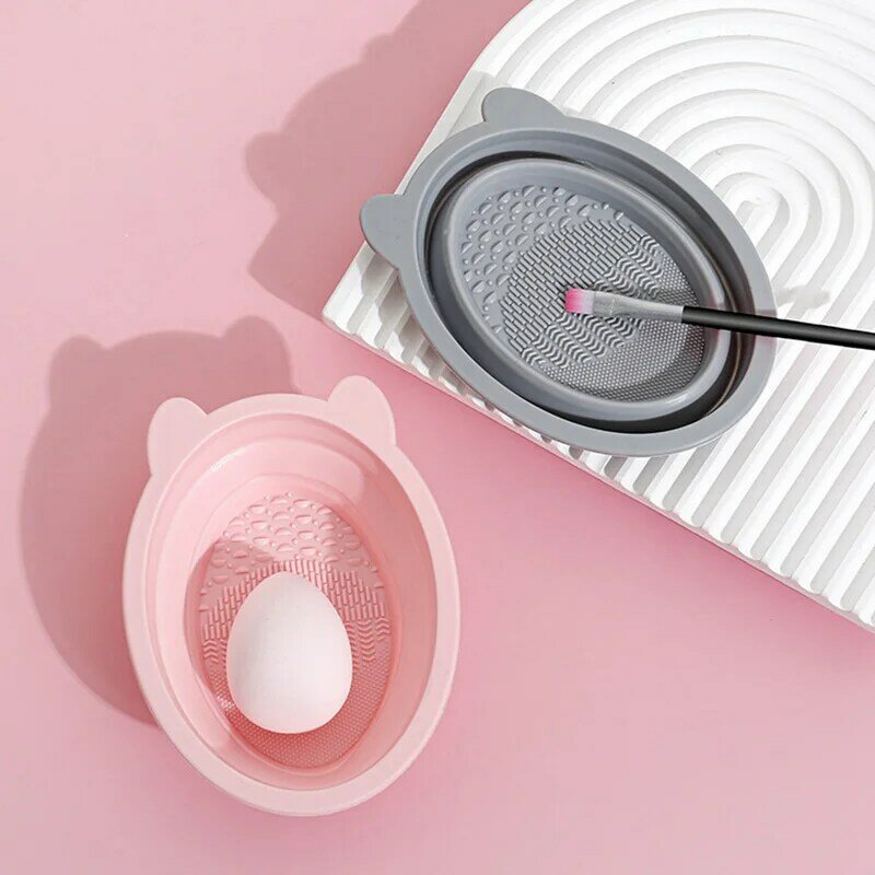 Makeup Brush Cleaning Tool Foldable Silicone Bowl Beauty Egg Cleaner Sponge Puff Washing Portable Scrub Mat Cat Ear Cosmetics