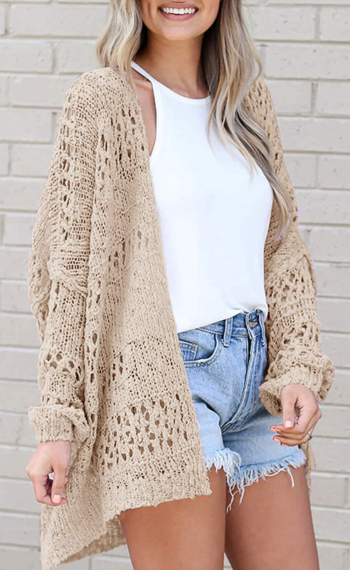 Suéter casual solto de ponto aberto feminino, cardigã oco, manga comprida, roupas de outwear sólidas, outono, 2023