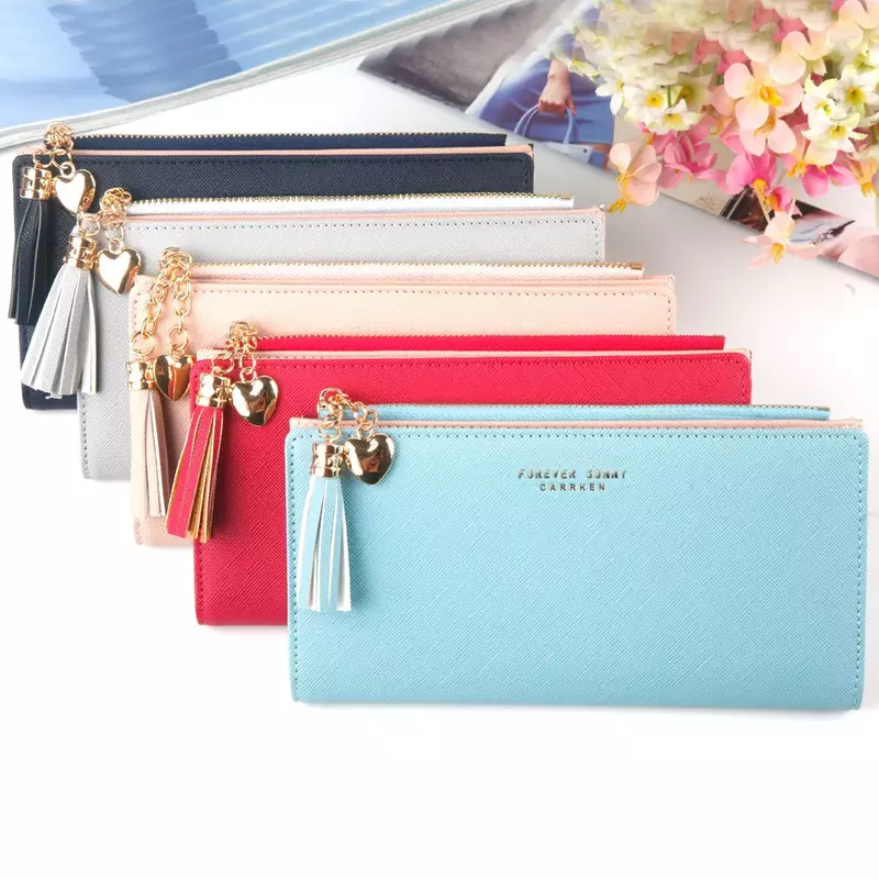Women's Long Wallet  Multi Card Button Handheld Clutches Bag with Tassel Chain ID Mobile Bag PU Leather Zipper Buckle Style