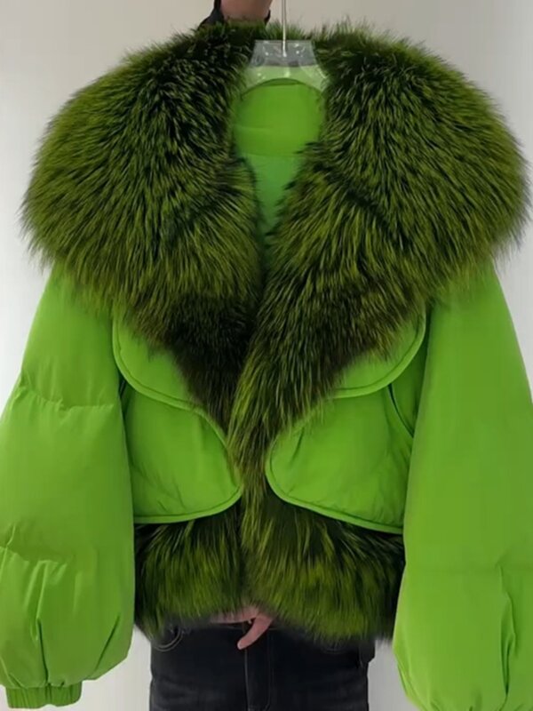 여성 그린 숏 패딩, 두꺼운 브이넥 다운 재킷, 하이엔드 방풍, 패치워크 코튼 패딩, 루즈핏 패션, 겨울