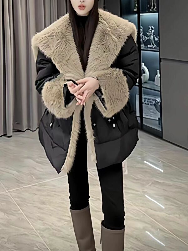 Chaqueta de plumón de piel de zorro sintética con cuello grande, chaqueta de plumón de pato blanco con cintura elegante, color caqui, Invierno 2024