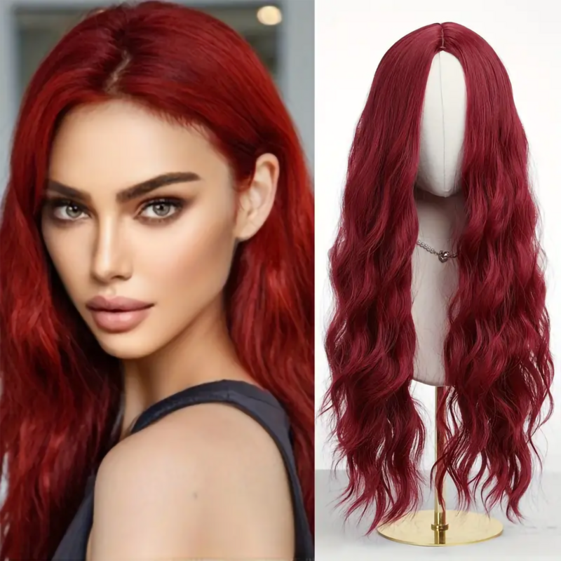 26 Inch  Burgundy Medium Part Synthetic Long Curly Wigs Deep Wave Wig  for Black Women , Everyday Valentine's Day Party Use