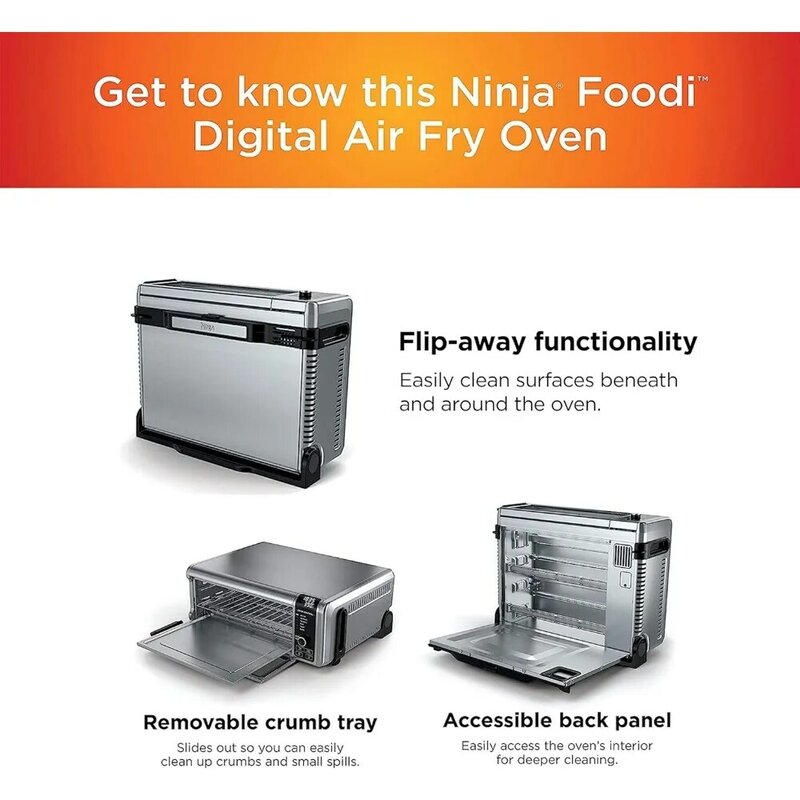 Forno de bancada digital Air Fry, função 8-em-1, flip up e away, capacidade de espaço de armazenamento