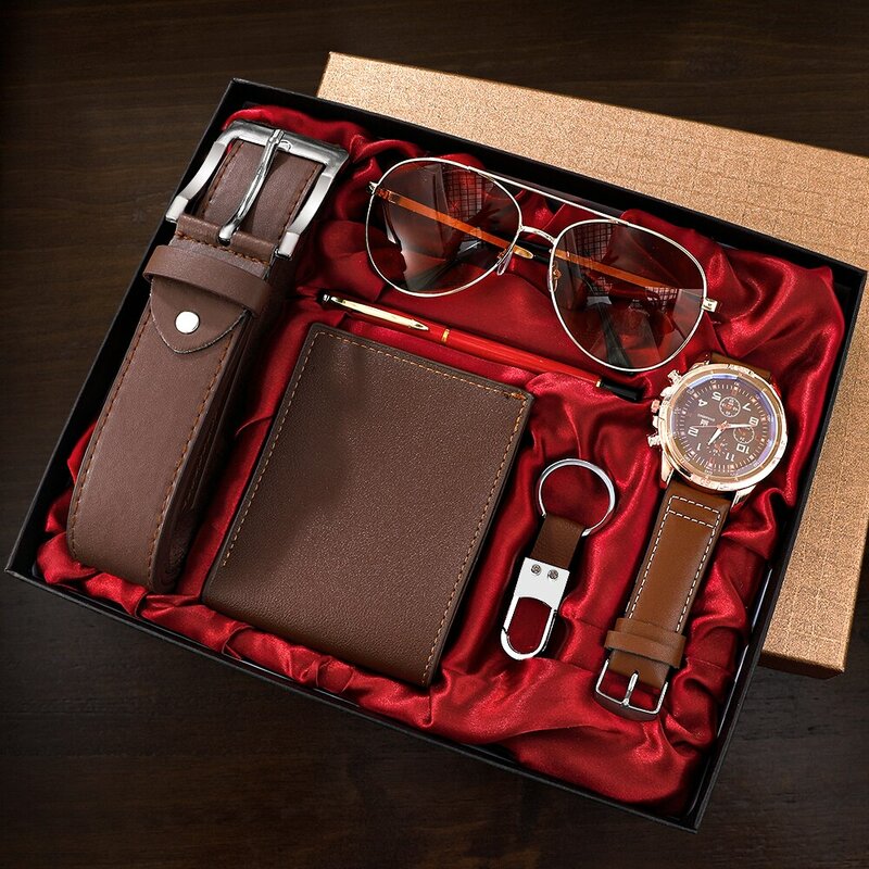 Men Gift Watch Business Luxury Company Mens Set 6 em 1 Watch Glasses Pen Keychain Belt Purse Bem-vindo Holiday Birthday