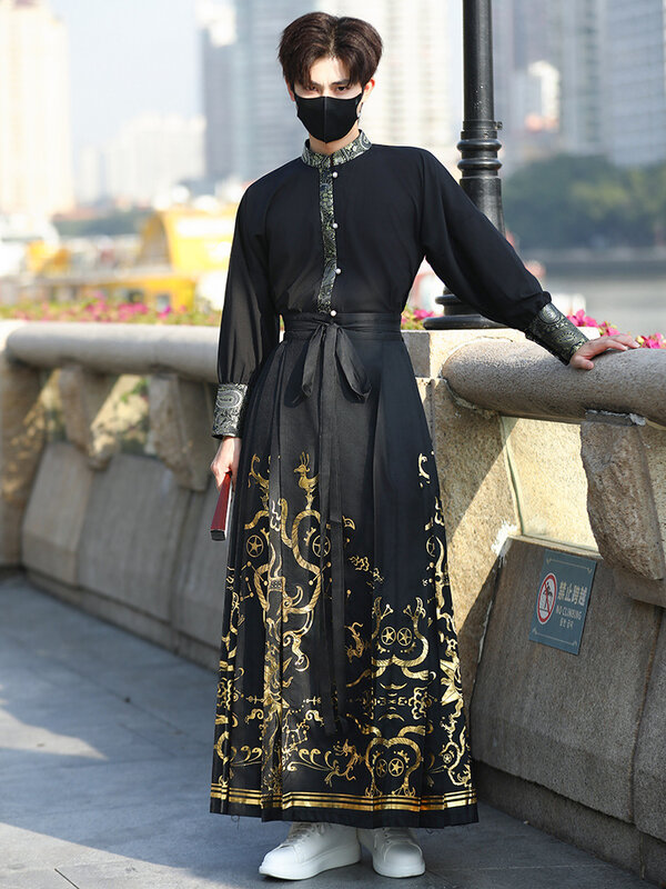 Vintage Hanfu Horse Face Skirt Fashion Men Chinese Traditional Hanfu 2PCS Shirt Pleats Skirt Set Black Mamianqun