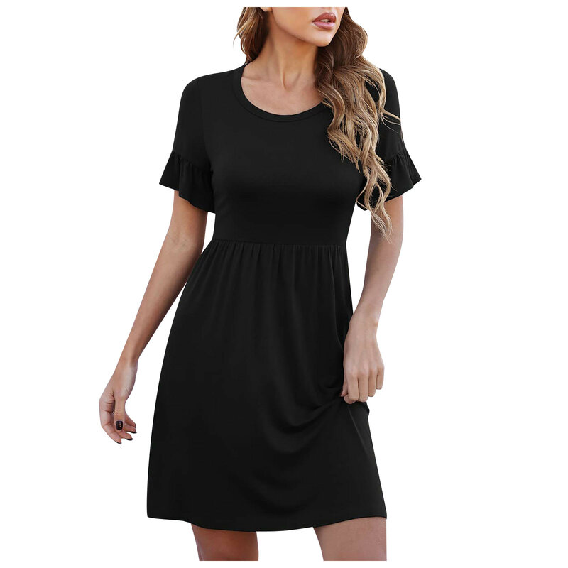Sommer Frauen Kleider schwarze Farbe Kurzarm A-Linie Kleid für Frau lässig Rundhals Büro Dame 2024 neue Vestidos