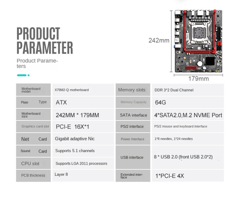 X79M2-Q Computer desktop motherboard DDR3 memory LGA2011 Hard disk interface M.2 Gigabit NIC