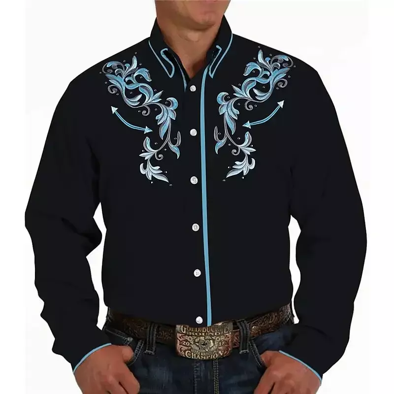Men's shirt Western Denim pattern leaf cuffs Outdoor street long sleeve shirt button design fashion casual top