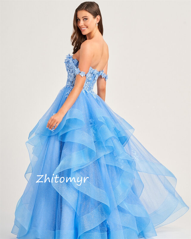 Mesprit Intricate Exquisite Off-the-shoulder Ball gown Applique Draped Floor length Skirts Organza Prom Dresses