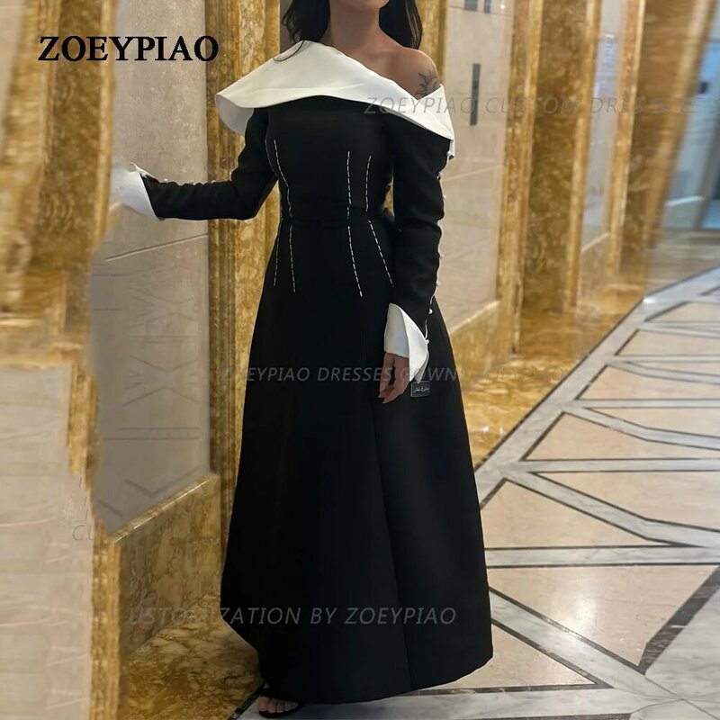 Elegant Black/White Button A Line Evening Dress Formal Gown Ankle Length Satin Full Sleeve Formal Event Special Occasion Dresses