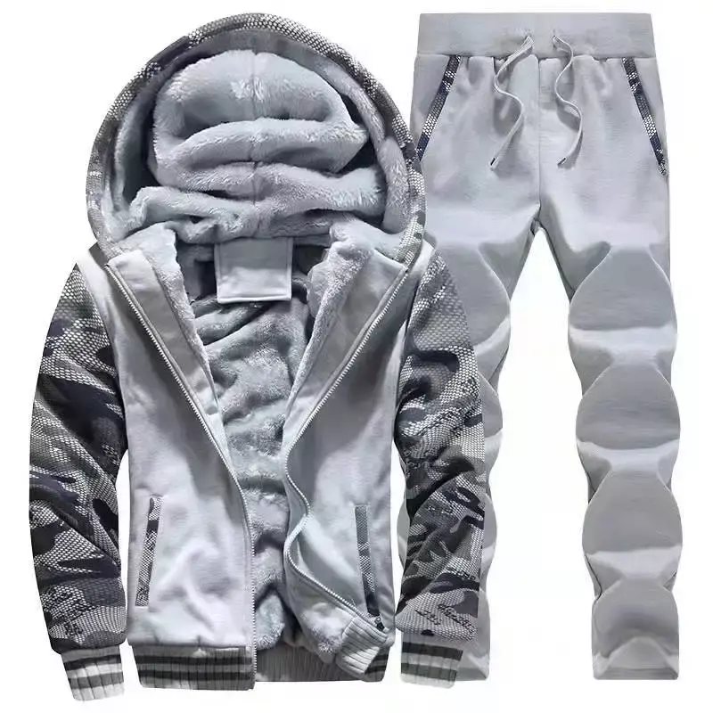 2023 hoodie olahraga Pria setelan kamuflase bulu domba musim dingin Sweatshirt beludru hangat merek pakaian pria Set jaket + celana 2 buah biru