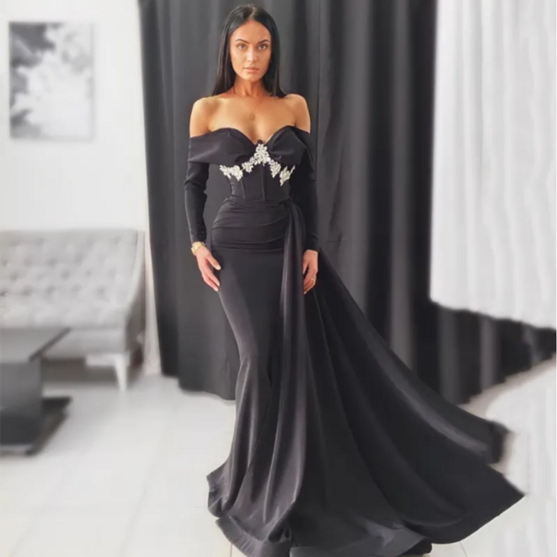Sexy Black Long Sleeves Evening Dresses Sweetheart Off Shoulder Soft Satin High Split Prom Dress Formal Elegant Vestidos De Gala