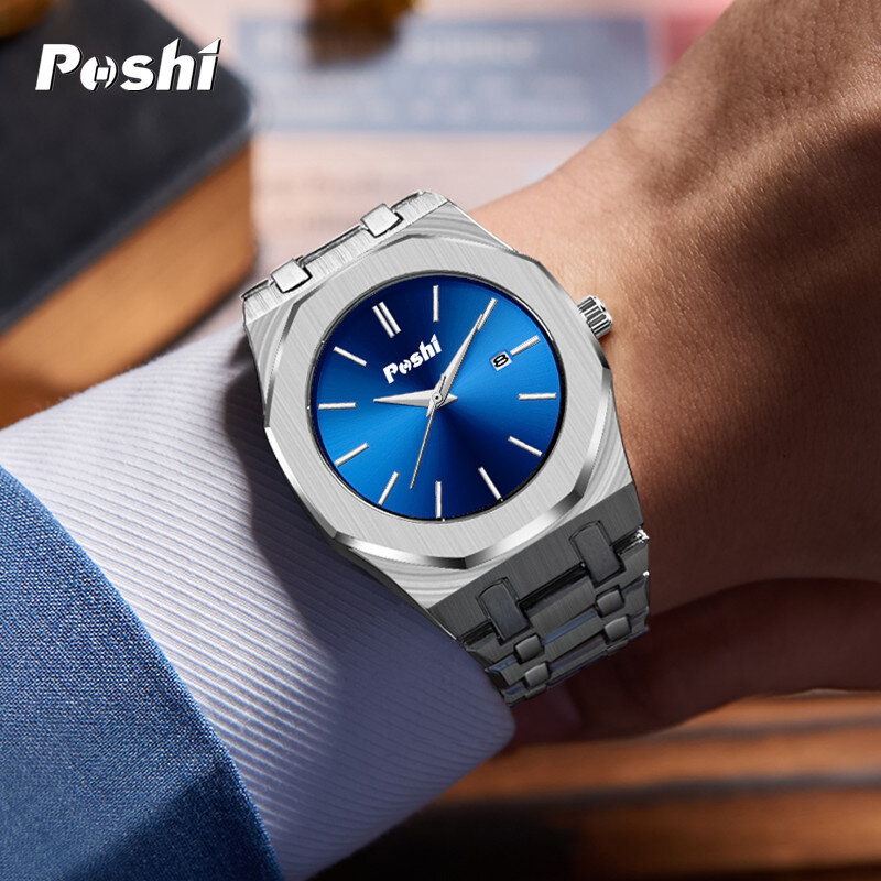 POSHI Quartz Watch for Man Fashion Luxury Business Wrsitwatch Simple Dial with Date Stainless Steel Strap Men's Watches 2023