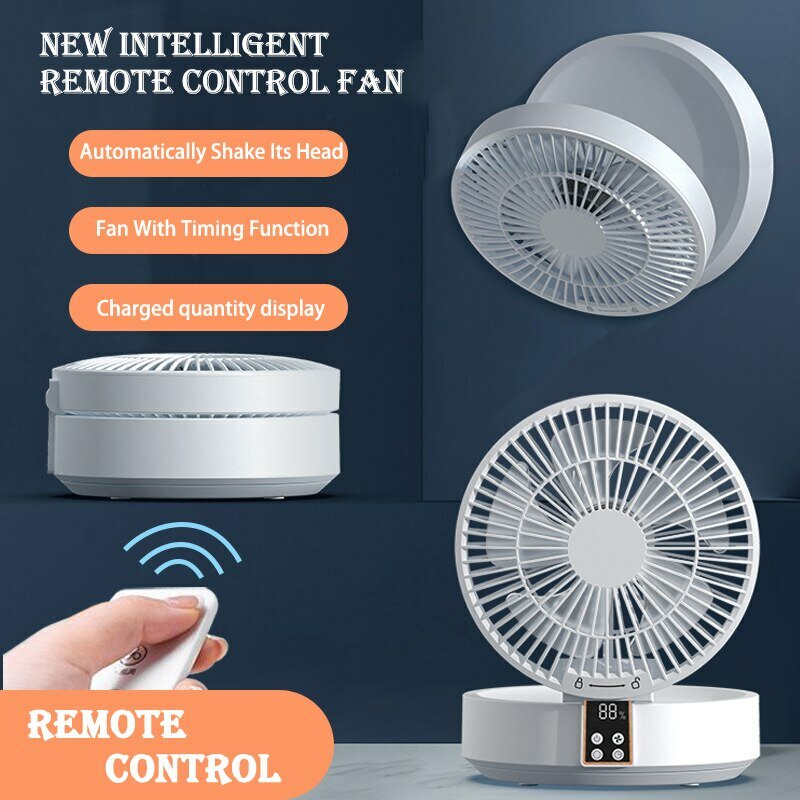 Ventilador elétrico dobrável com controle remoto, portátil, suspenso na parede, recarregável, USB, luz noturna, refrigerador de ar, doméstico