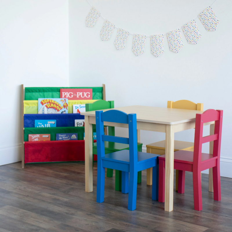 Primary Kids Wood Table and 4 Chairs Set, Natural Wood/Primary